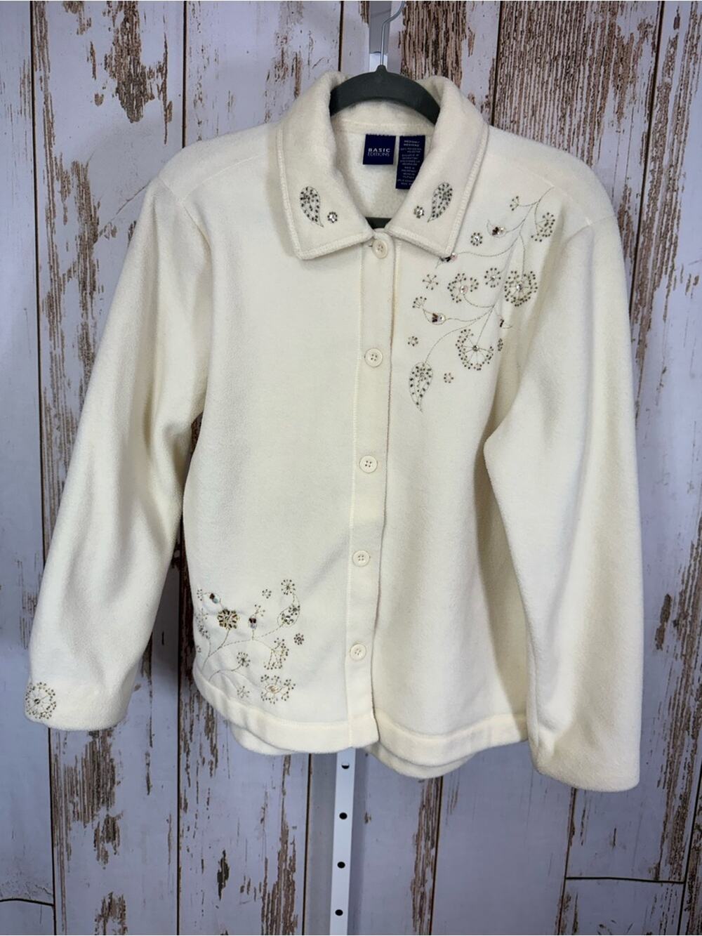 Basic Editions, Fleece Button Up Jacket, Floral Beaded Embroidery. Size Medium.